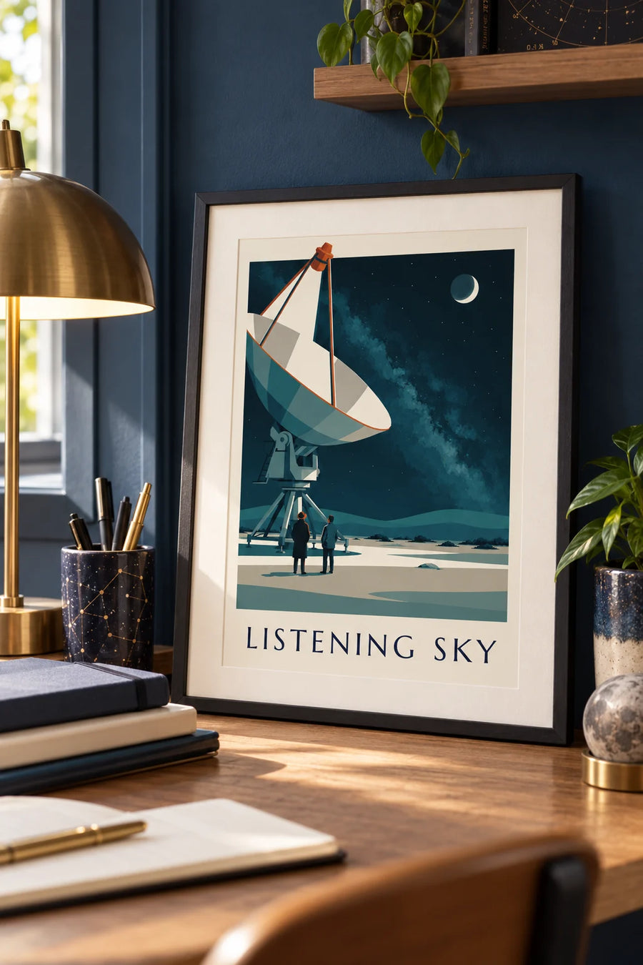 Affiche radiotélescope pointé vers un ciel étoilé dans le désert : petit format A4 encadré