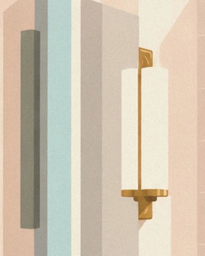 The white wall light with gold fittings beside the bathroom mirror