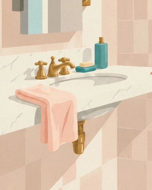 The white marble basin with gold taps and a pink towel