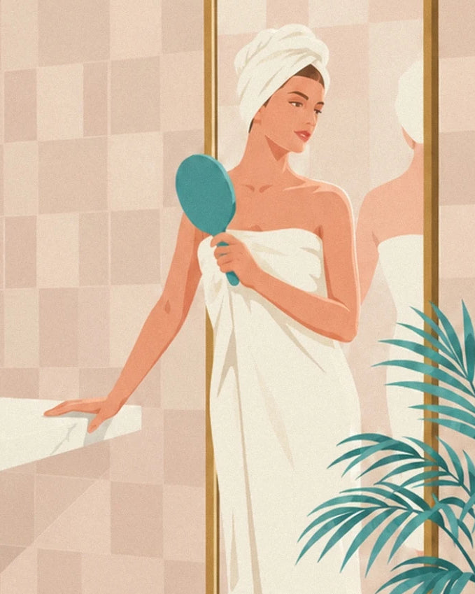 The woman in a white towel, with a turban on her head and a turquoise mirror in her hand