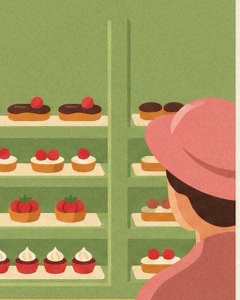 Les étagères d'éclairs, de tartelettes aux fraises et de choux, avec une cliente au chapeau rose
