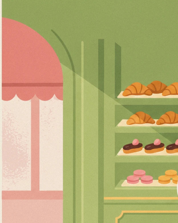 La devanture à store rose festonné et ses étagères de croissants, d'éclairs et de macarons