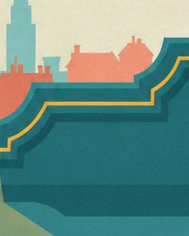 The teal border with golden curves, in front of houses with coral roofs