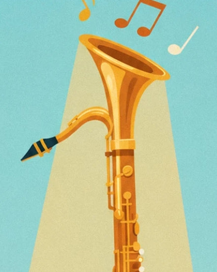 The bell of the golden saxophone, surrounded by musical notes on a turquoise background