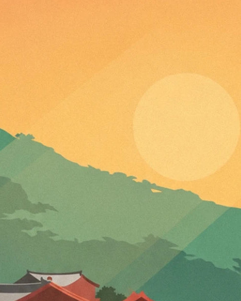 The pale yellow sun above the green hills and rooftops of Bukchon