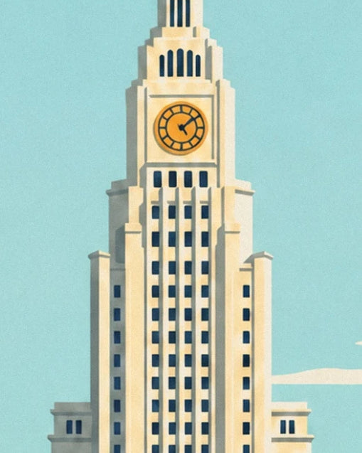 A tiered cream tower with a golden clock against the blue sky of Shanghai