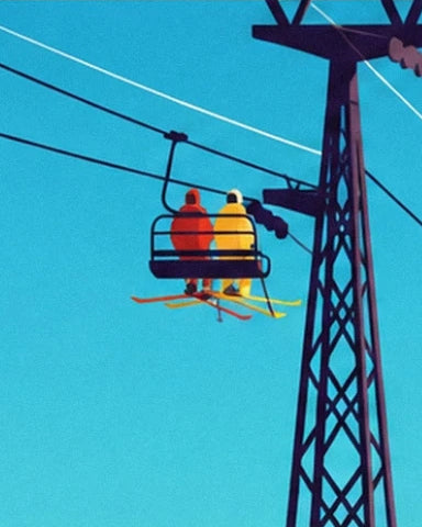 The 2 skiers in red and yellow on the chairlift near the dark pylon