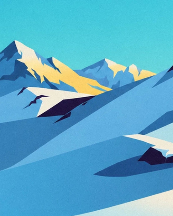 The snowy peaks with yellow and blue faces behind the shaded slopes