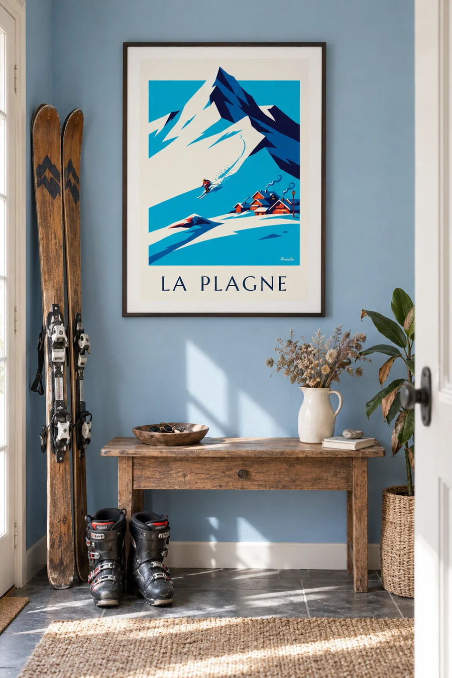 Affiche skieur dans la descente à La Plagne face à Bellecôte : encadrée au mur