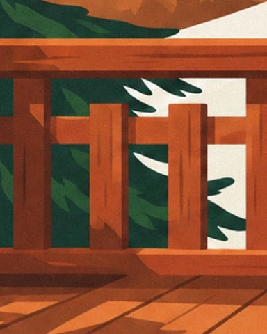 The wooden railing and its shadows on the terrace in front of the snowy fir trees