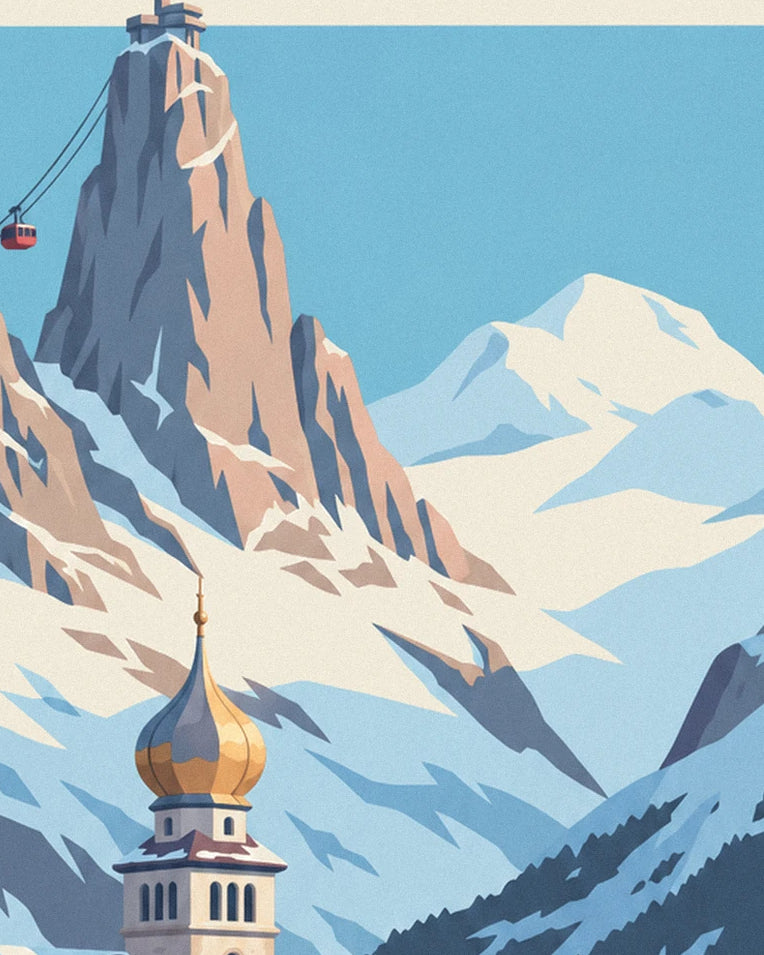 Chamonix ice rink and Aiguille du Midi skaters poster: close-up detail