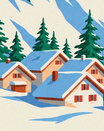 The chalets with red shutters and snow-covered roofs surrounded by green fir trees