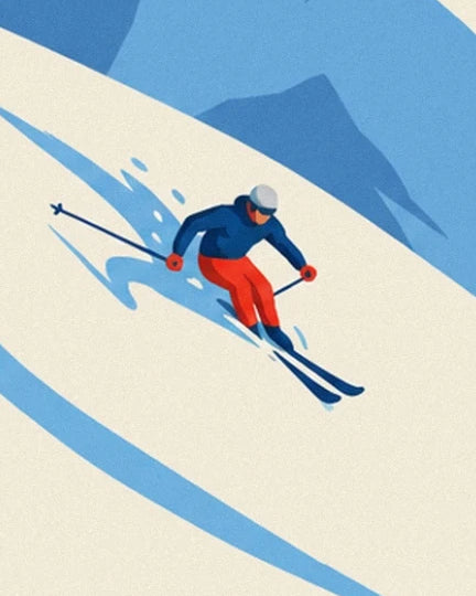 The skier in red trousers and a blue jacket in powder snow with azure shadows