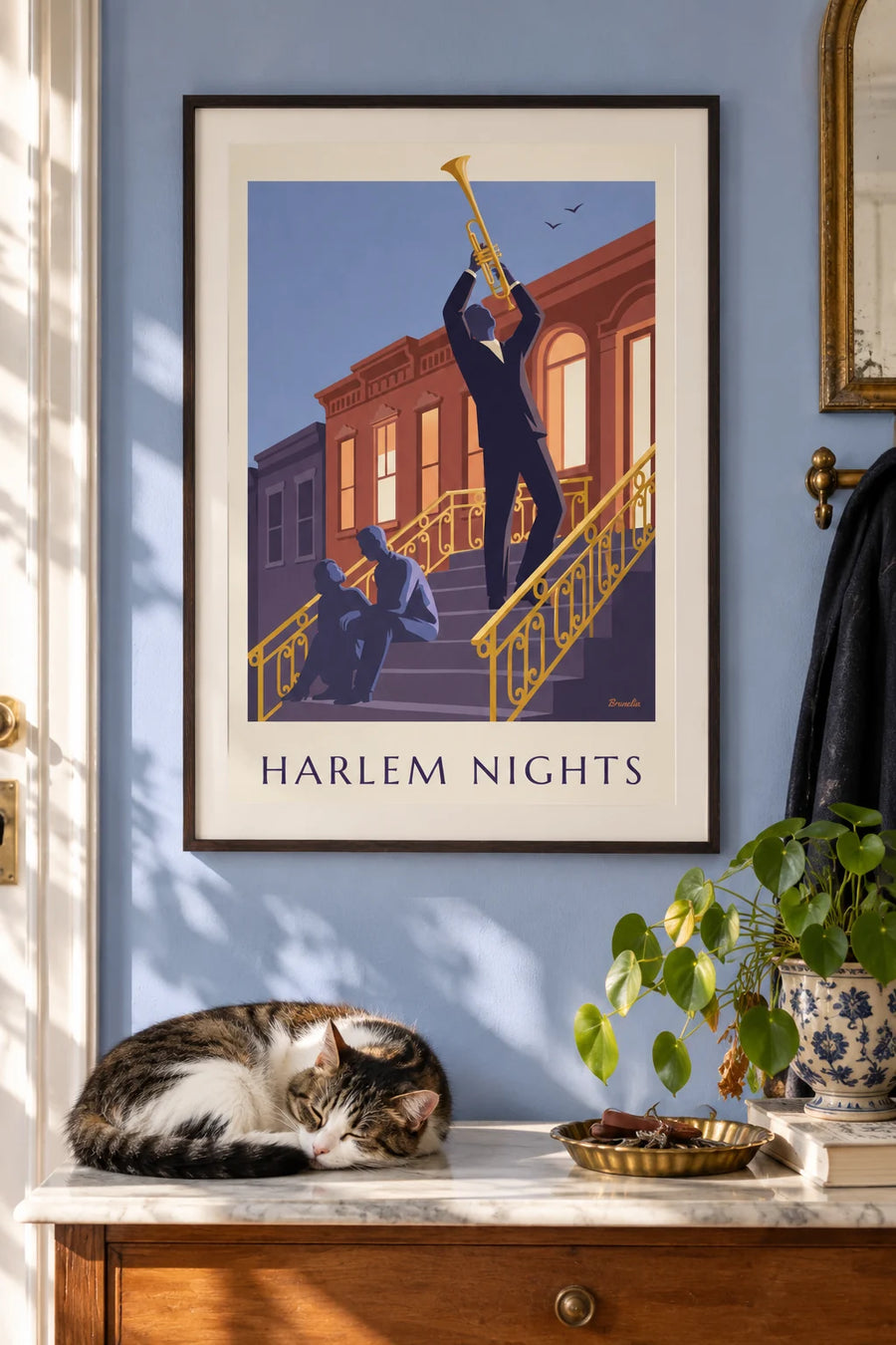 Poster of a trumpet player on the stoop of a Harlem house in the evening: framed on the wall