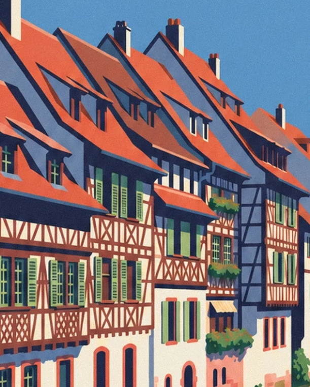 The timber-framed houses with green shutters and orange roofs in Petite France