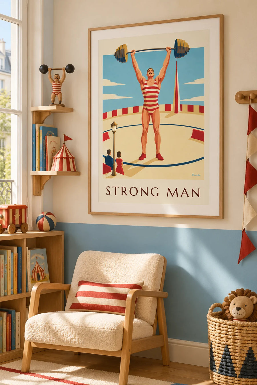 Affiche homme fort de cirque soulevant un haltère : encadrée au mur