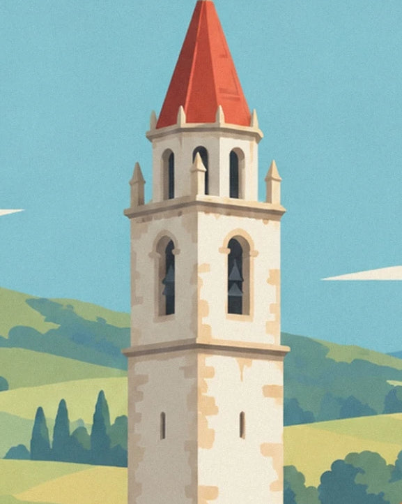 The pale stone bell tower with a red spire in front of the lush green hills