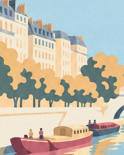 The red boats on the Seine in front of golden trees and Parisian buildings