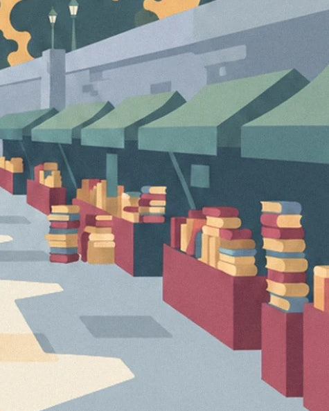 The books with colourful spines in the booksellers' boxes beneath their green awnings