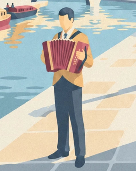 The accordionist in an ochre jacket with a burgundy accordion beside the Seine