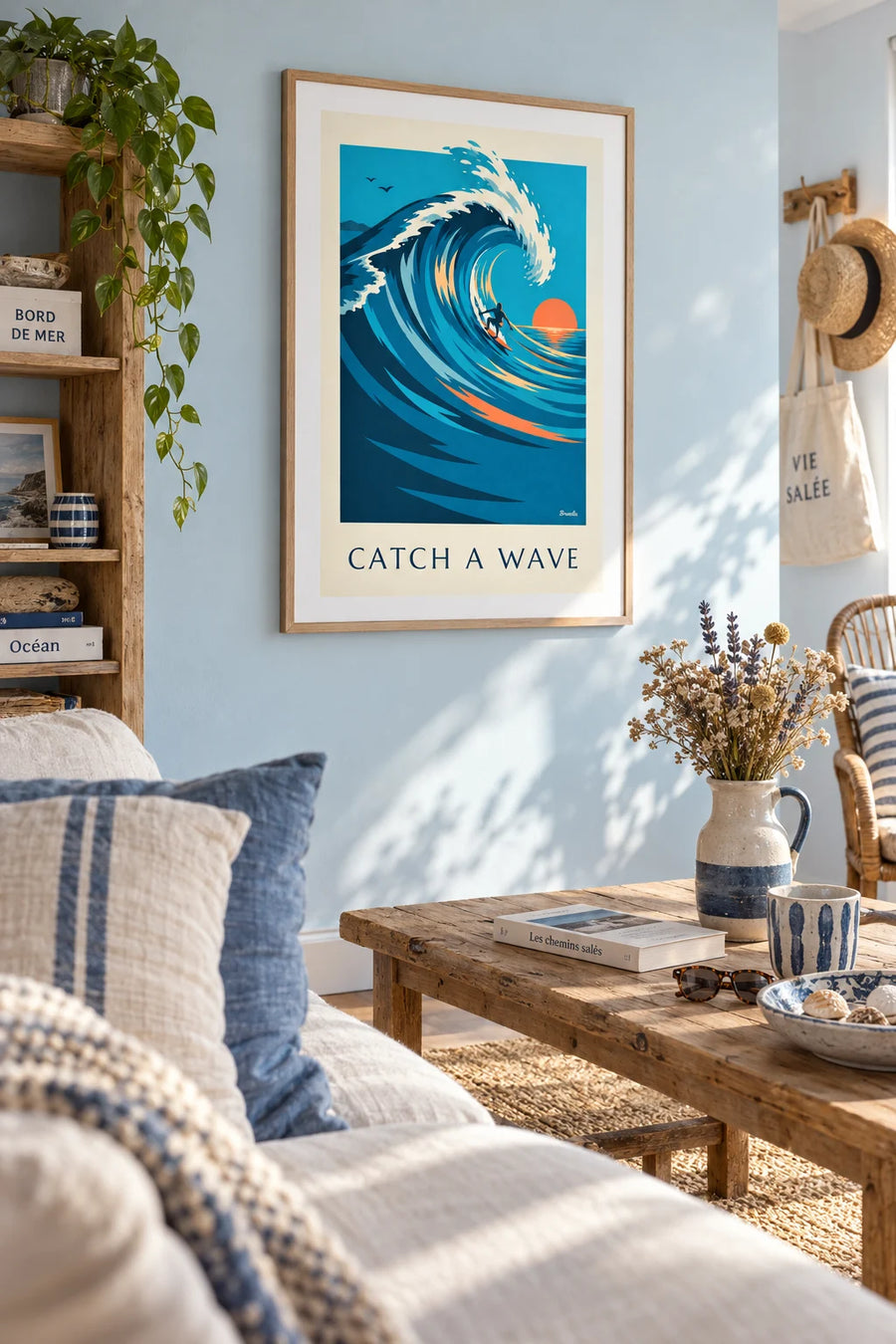 Poster of a surfer riding a big wave at sunset: framed on the wall