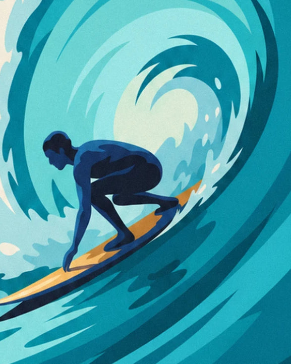 The surfer crouching on his yellow board inside the turquoise barrel