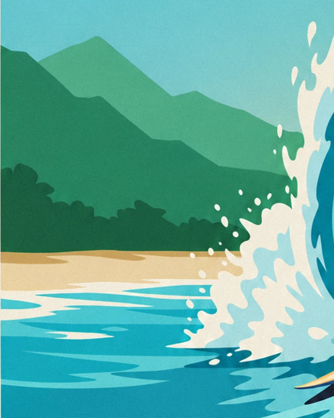 The golden sandy beach and green hills of Tahiti behind the wave's foam