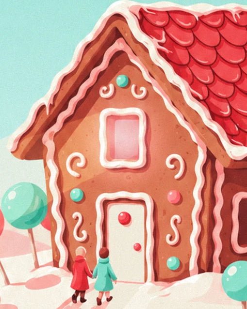 La maison en pain d'épices au toit rouge et ses 2 visiteurs dans la neige