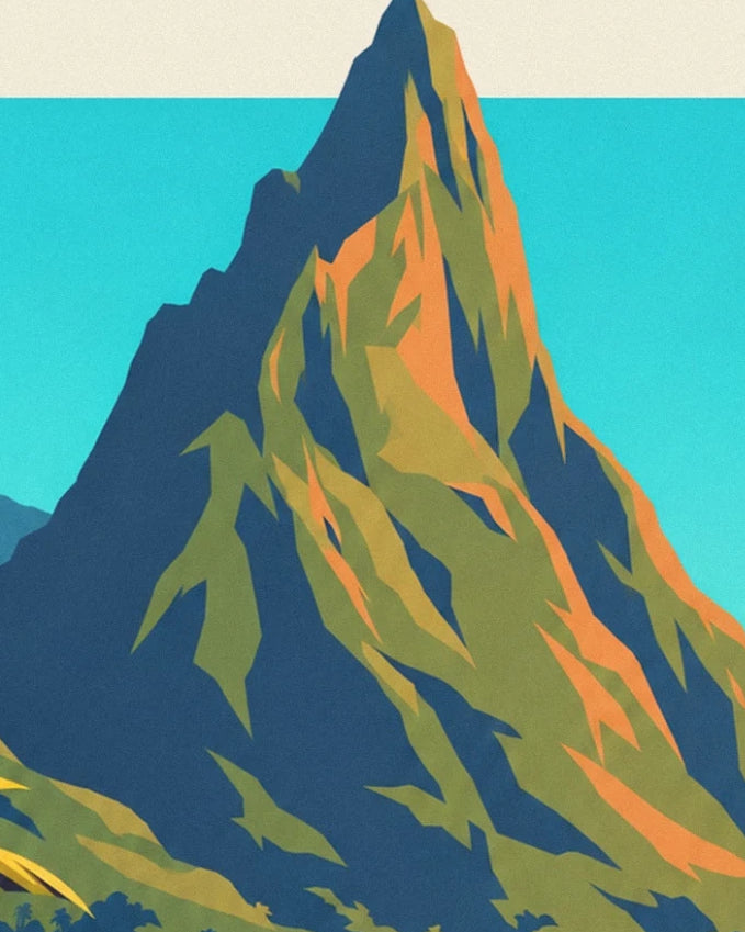 A steep peak with green, ochre and dark blue slopes in front of the turquoise ocean