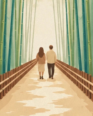 The couple seen from behind on the bright path lined with wooden fences