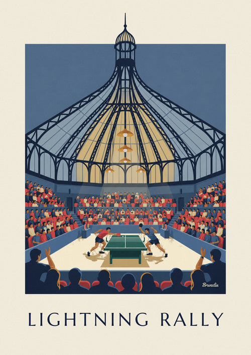 Poster of a table tennis match under an illuminated glass roof: the full poster