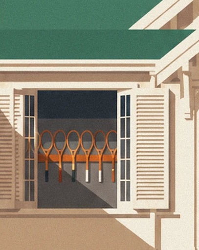 Wooden rackets lined up behind the changing room window with cream shutters