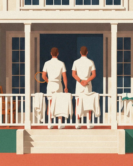 The 2 players seen from behind in white outfits and towels on the club balustrade