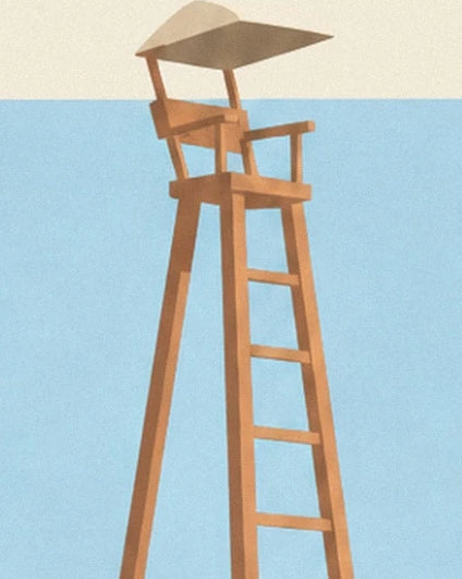The tall wooden umpire’s chair with its ladder and beige roof