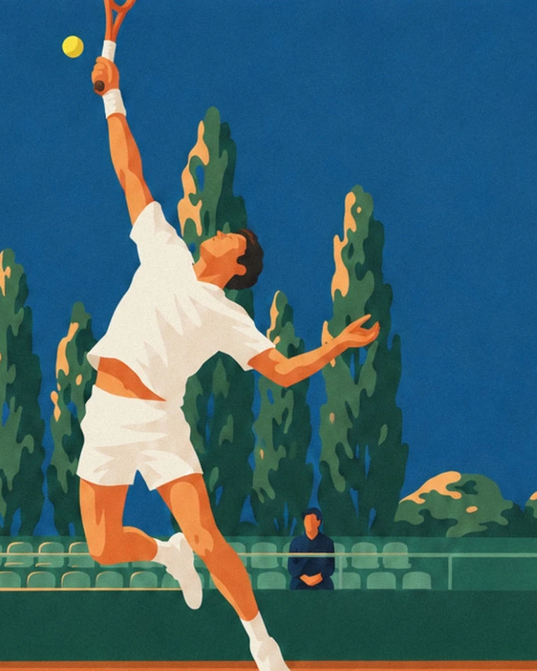 Affiche joueur de tennis en plein smash sur terre battue : détail en gros plan