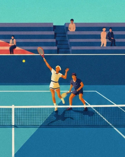 The 2 players near the net, between a yellow ball and blue stands