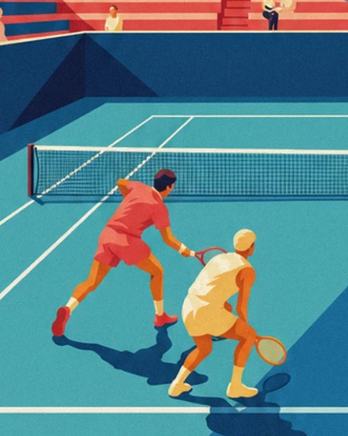 The 2 players in coral and pale yellow, rackets in hand on the turquoise court