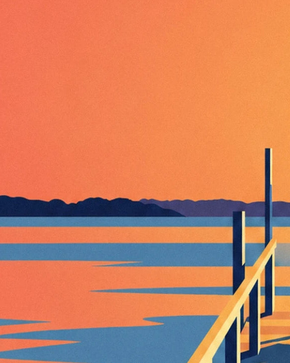 Le bassin orangé au crépuscule, la rive sombre au loin et la rambarde de la jetée