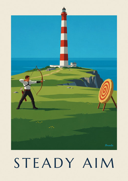 Poster of an archer on a cliff facing the sea and the lighthouse: the full poster