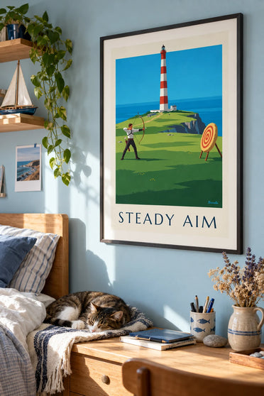 Poster of an archer on a cliff facing the sea and the lighthouse: framed on the wall