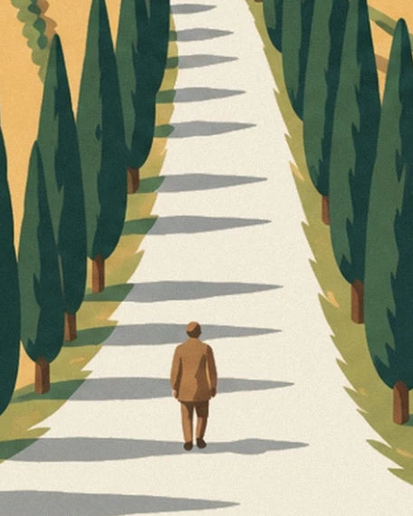 A person in a brown jacket walking along the cypress avenue with its long shadows