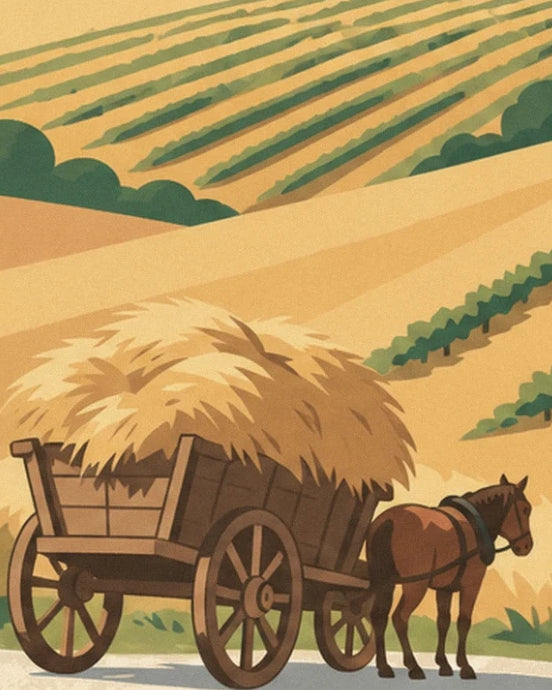 The brown horse harnessed to a cart of golden hay in front of cultivated hills