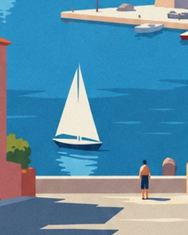 Un voilier blanc sur l’eau bleue et un personnage en short près du parapet