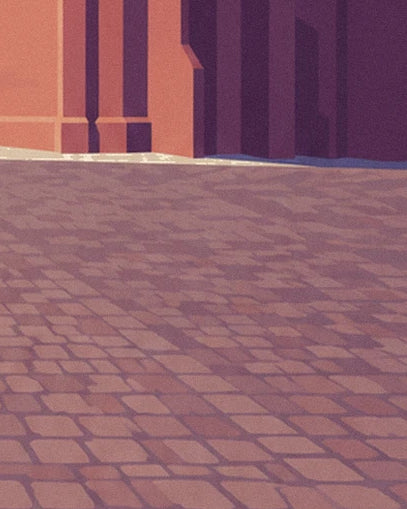 The pink and mauve paving stones at the foot of the basilica’s ochre walls