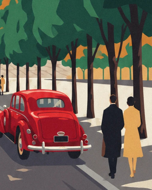 Couple in black and yellow coats walking behind a red car