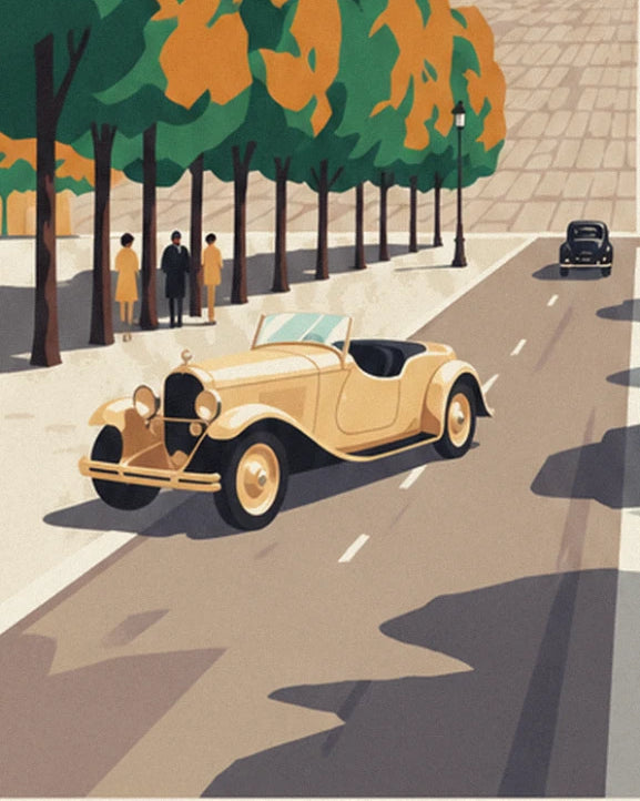 Cream convertible on the tree-lined avenue, with 3 passers-by in the distance