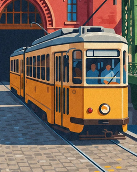 The yellow Budapest tram, its passengers and its rails on the cobbles