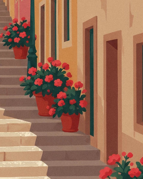 Les pots de fleurs rouges posés sur l'escalier, le long des façades ocre aux portes vert sombre