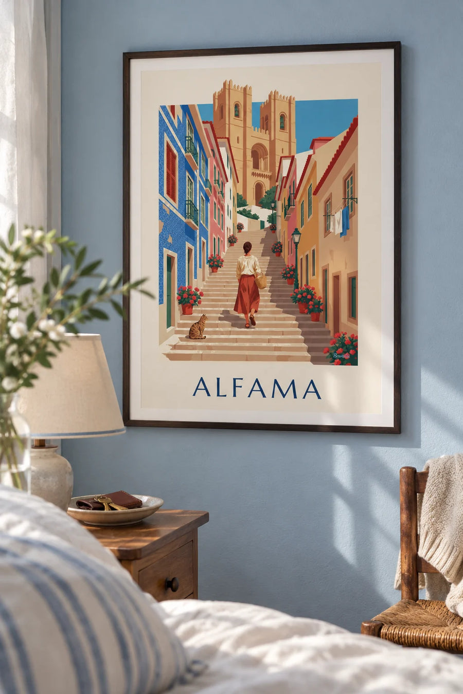 Affiche escalier fleuri de l'Alfama sous la cathédrale de Lisbonne : encadrée au mur