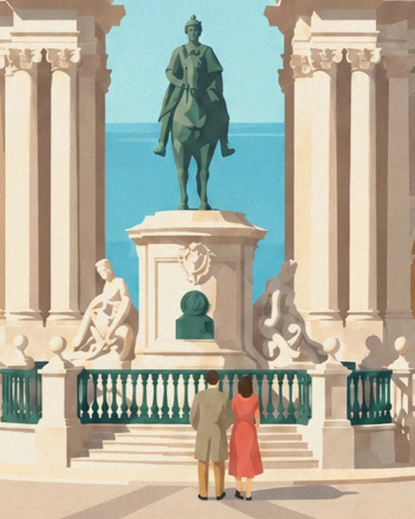 The equestrian statue between the columns, in front of a couple and the green balustrade